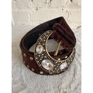 Wide Brown Velvet Studded Belt Rhinestone Western Boho Large Buckle M Festival